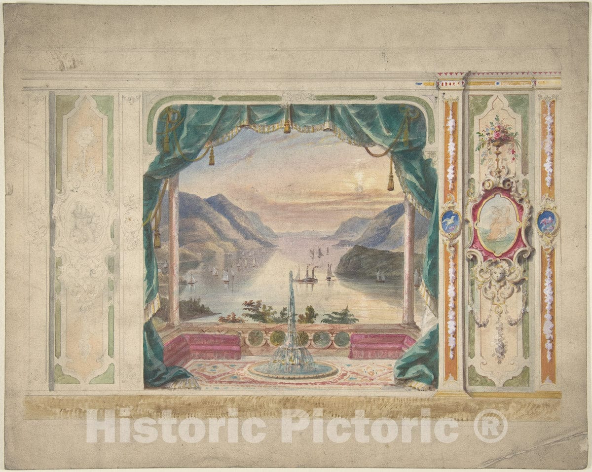 Art Print : British, 19th Century - Wall Design with a Trompe L'Oeil Balcony Overlooking a Mountainous Harbor : Vintage Wall Art