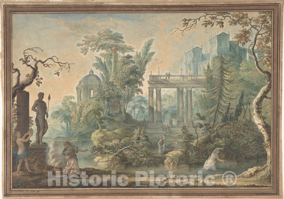 Art Print : Gerard Melder - Arcadian Landscape with Several Figures and a Statue of Apollo : Vintage Wall Art