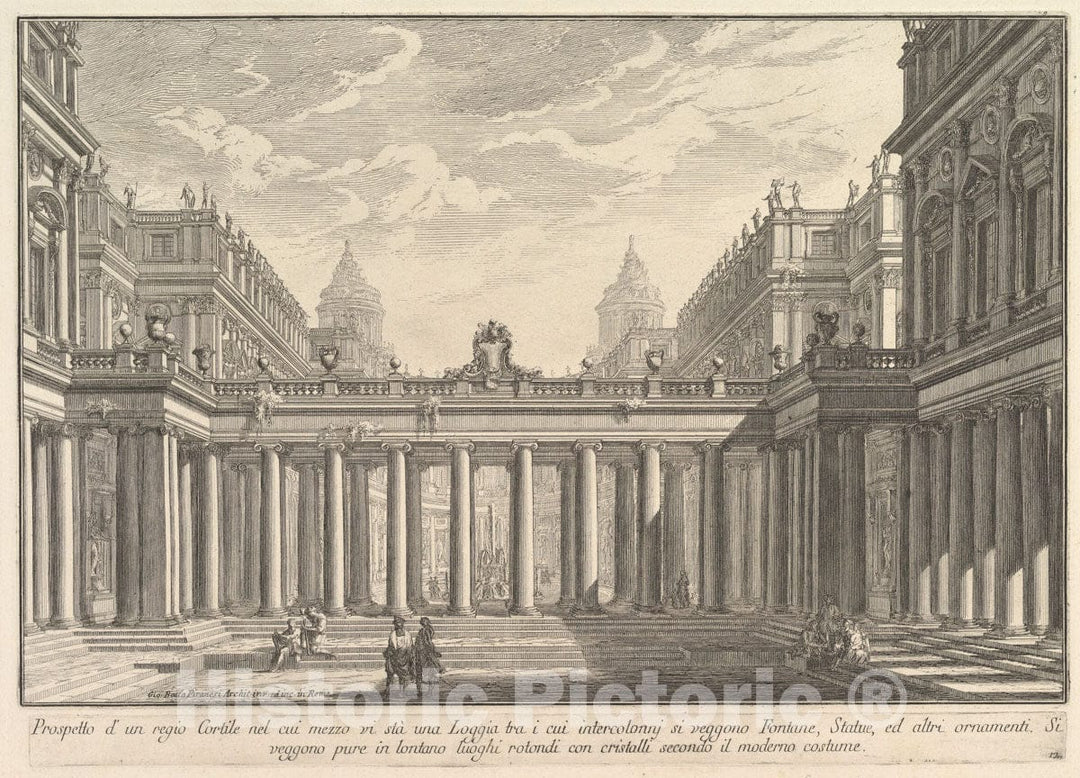 Art Print : View of a Courtyard with a Loggia, Fountains, Statues, and Other Ornaments - Artist: Giovanni Battista Piranesi - Created: c1750 : Vintage Wall Art