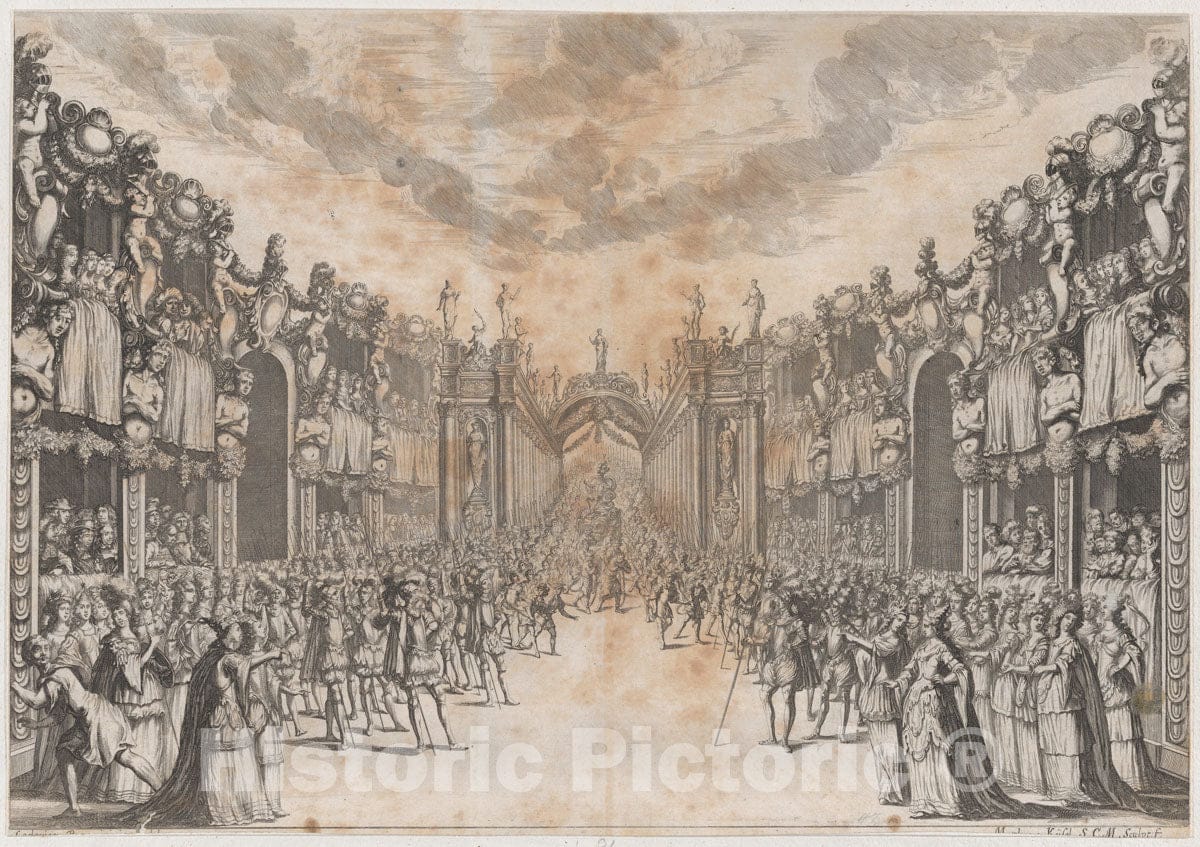 Art Print : Men and Women gathererd in The Street to View The Entrance of a Royal Figure - Artist: Mathaus Kusel - Created: 1678 : Vintage Wall Art