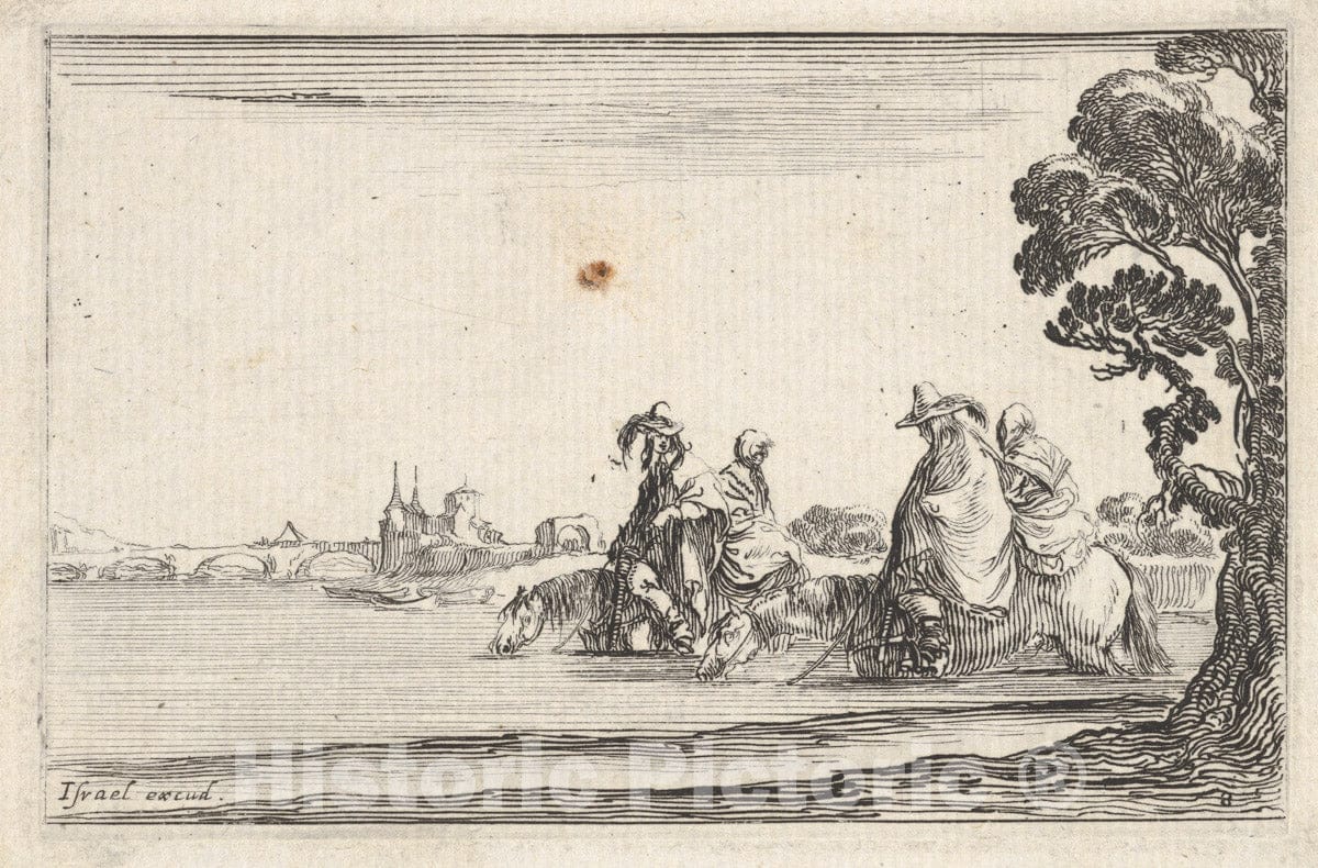 Art Print : Plate 8: Two Horsemen in Hats at Right, Each with a Woman Seated Behind Them - Artist: Stefano Della Bella - Created: c1642 : Vintage Wall Art