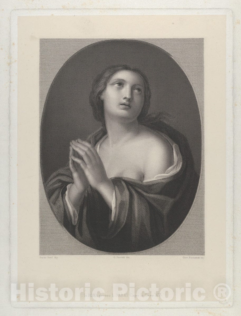 Art Print : Female personification of Hope looking up with hands held together and left shoulder exposed, in an oval frame, after Reni - Artist: Reni - c1835 : Vintage Wall Art