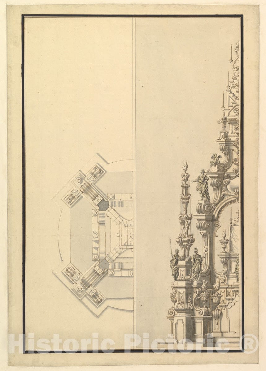 Art Print : Workshop of Giuseppe Galli Bibiena - Half Plan and Half Elevation for a Catafalque with Royal Crown Surmounting The Casket : Vintage Wall Art