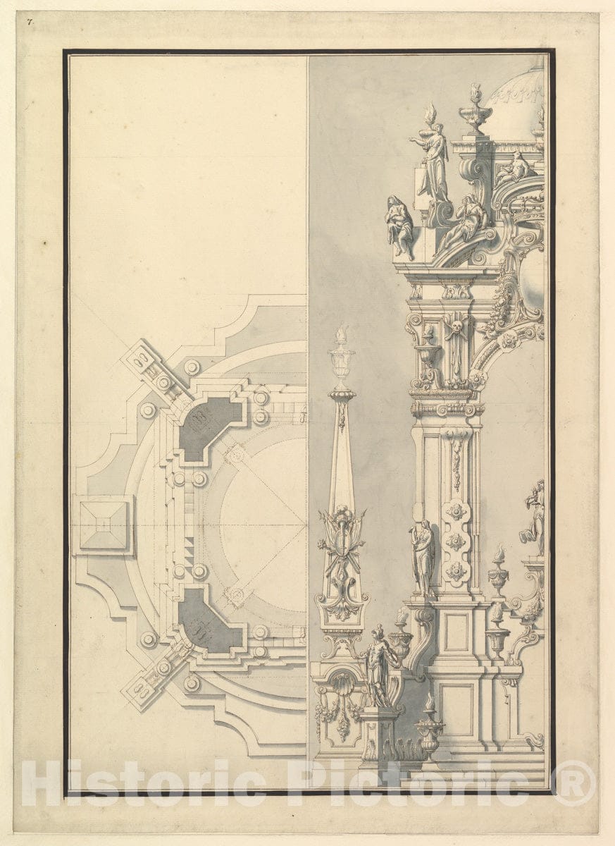 Art Print : Workshop of Giuseppe Galli Bibiena - Half Elevation and Half Ground Plan for a Catafalque for an Electress Palatine : Vintage Wall Art