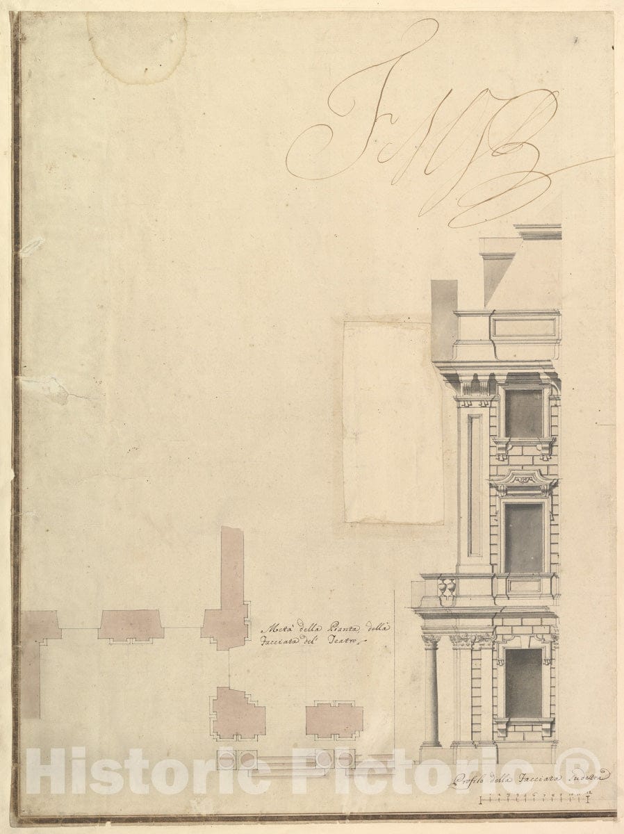 Art Print : Workshop of Giuseppe Galli Bibiena - Views of a Theater (Bayreuth): Profile View of Facade and Half of The Plan : Vintage Wall Art