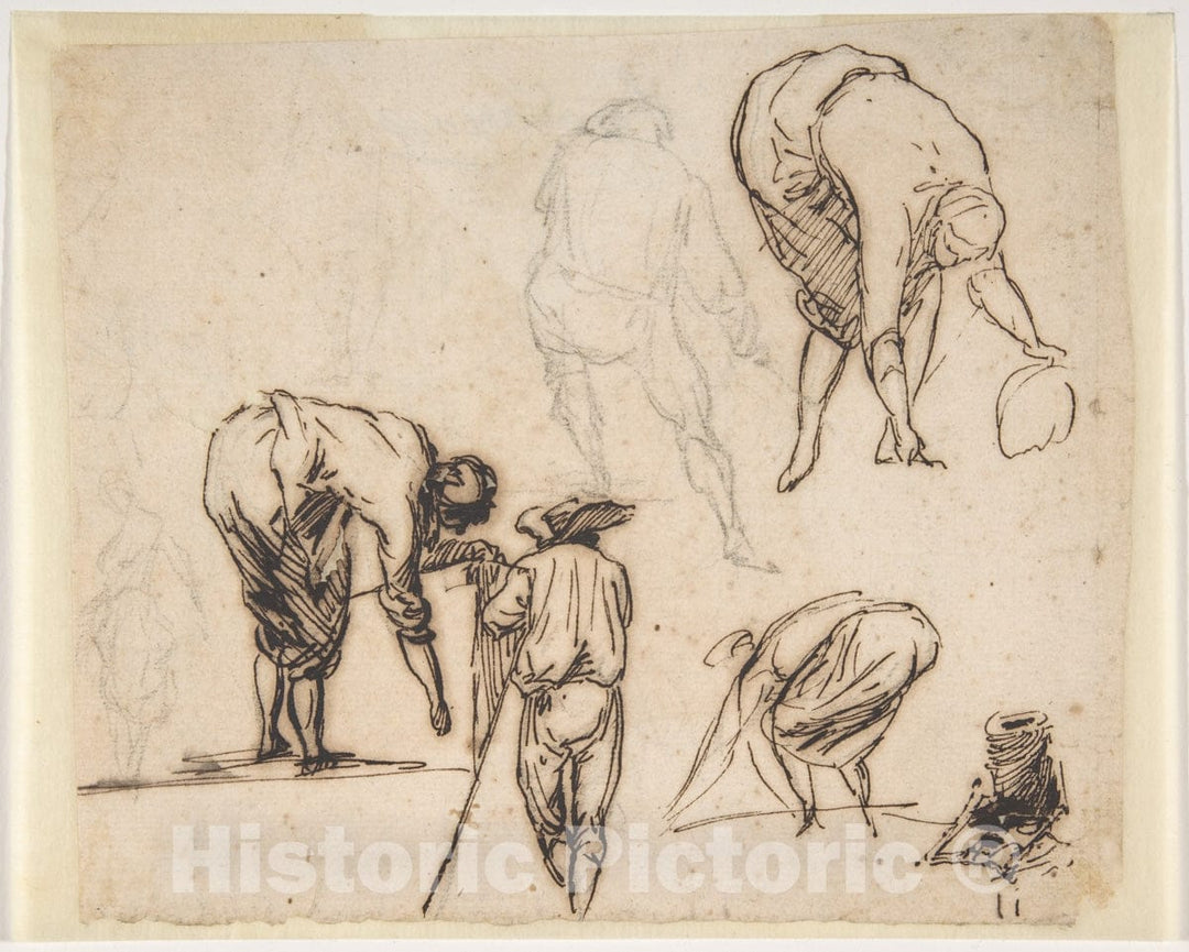 Art Print : Micco Spadaro (Domenico Gargiulo) - Standing Figure and Figures Bending Over : Vintage Wall Art