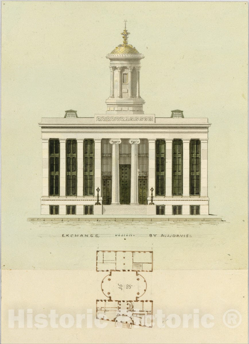 Art Print : Alexander Jackson Davis - Façade Design and Old Plan for The First Merchant's Exchange, New York (unexecuted; Front Elevation and Plan) : Vintage Wall Art