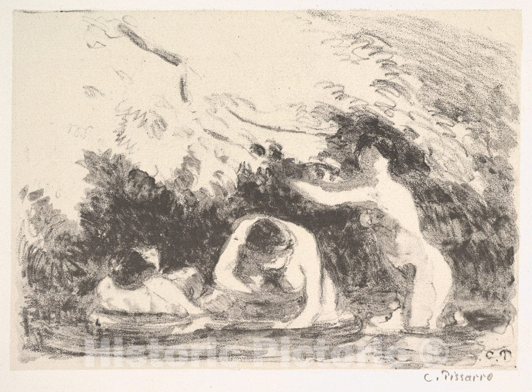 Art Print : Camille Pissarro - Bathers in The Shade of Wooded Banks (Baigneuses à L'Ombre des Berges Boisées) : Vintage Wall Art