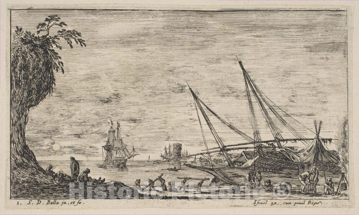 Art Print : Stefano Della Bella - Plate 1: Seaport with Ships, from 'Seascapes' (Paysages maritimes) : Vintage Wall Art