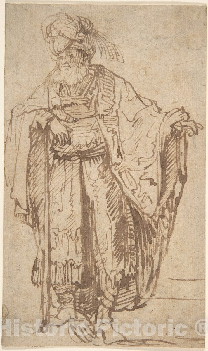 Art Print : Circle of Rembrandt (Rembrandt Van Rijn) - Standing Oriental Figure : Vintage Wall Art