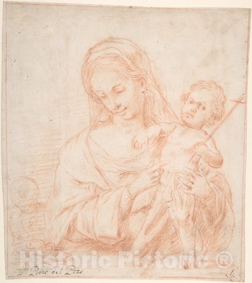 Art Print : Pedro del Pozo - Half-Length Virgin and Standing Child with Indications of a Young Saint John The Baptist at Left : Vintage Wall Art
