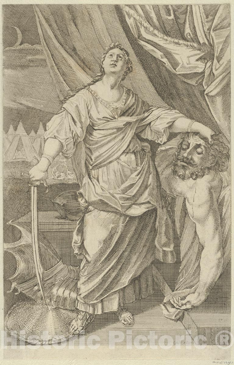 Art Print : Reni - Judith standing and looking up, holding the head of Holofernes in her left hand and a sword in her right, tents in the background: Vintage Wall Art