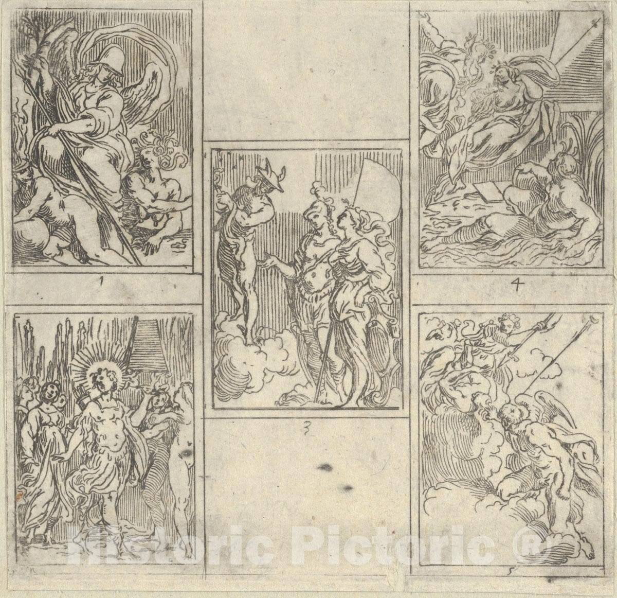 Art Print : Five numbered scenes, each after a painter in the Accademia Degl'Incamminati - Artist: Guido Reni - Created: 1603 : Vintage Wall Art