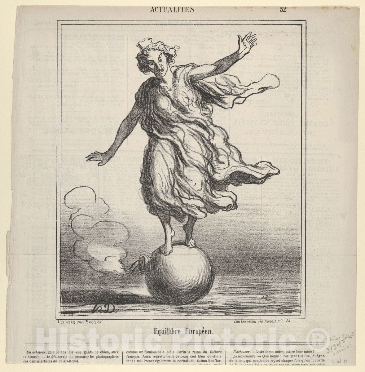 Art Print : Honoré Daumier - Equilibre Europeen, from Actualités, published in le Charivari, April 3, 1867 : Vintage Wall Art