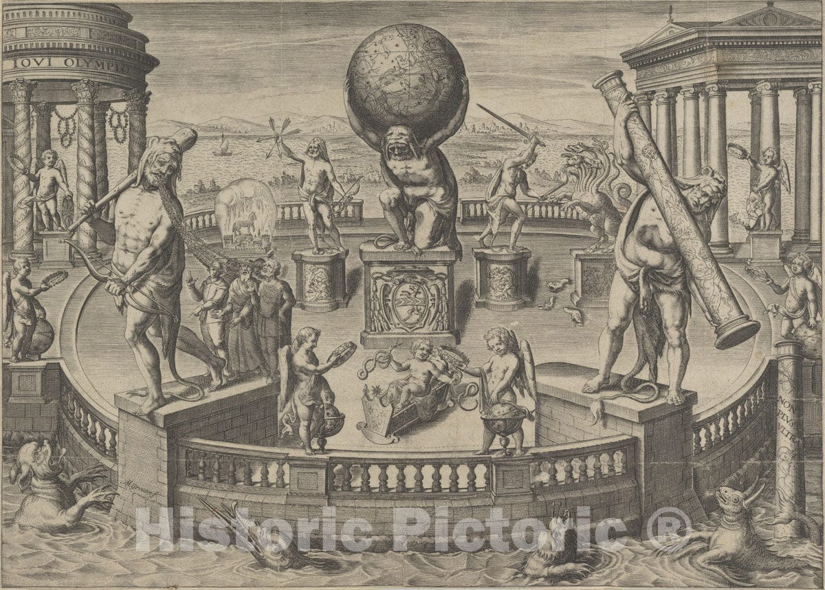 Art Print : Matthaeus Greuter - Allegory of The Twelve Labors of Hercules Statues in a Circular Garden : Vintage Wall Art