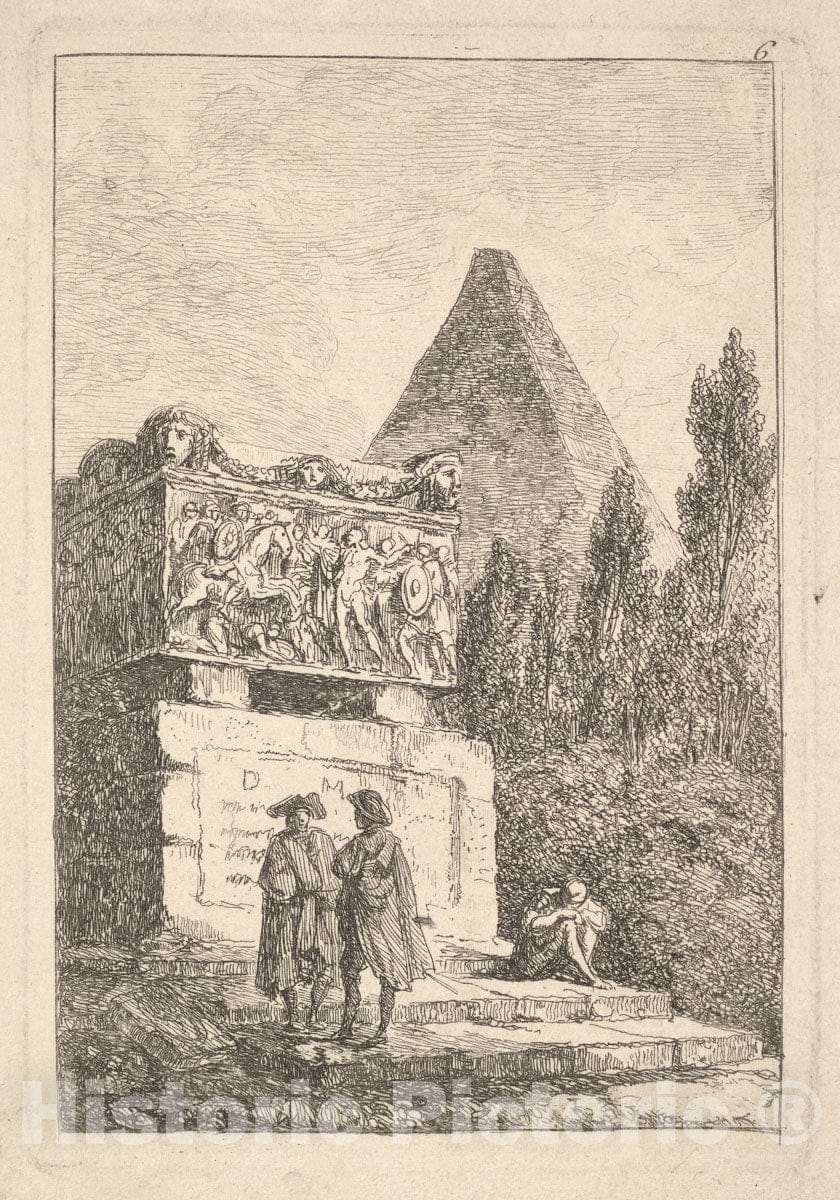 Art Print : Hubert Robert - Plate 6: The Sarcophagus: two men conversing to left, another man seated and sleeping to right : Vintage Wall Art