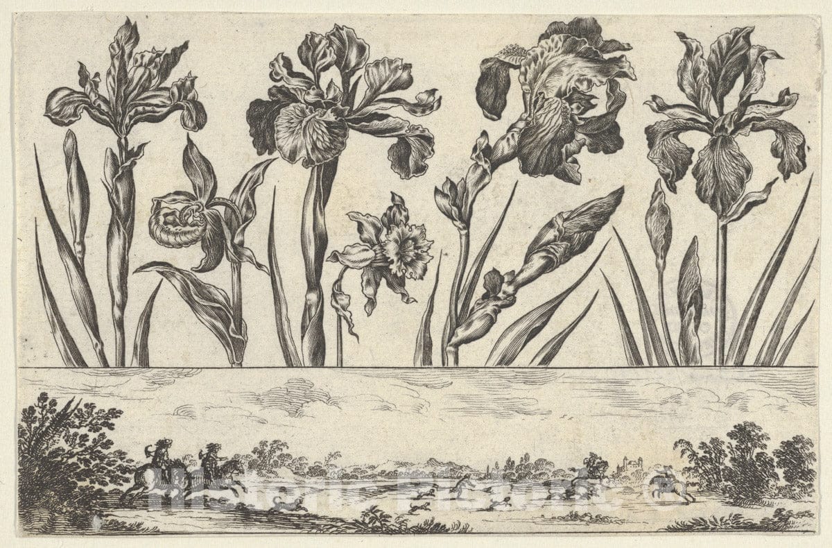 Art Print : Nicolas Cochin - Horizontal Panel with a Row of Flowers Above a Frieze with a Hunting Scene in a Landscape, from Livre Nouveau de Fleurs Tres-Util 2 : Vintage Wall Art