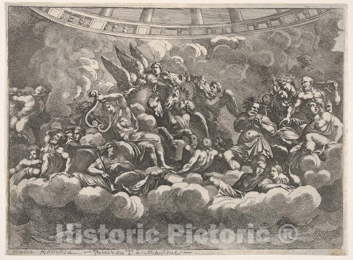 Art Print : Gathering of various Olympian gods and mythological figures - Artist: Pietro Santi Bartoli - Created: c1680 : Vintage Wall Art