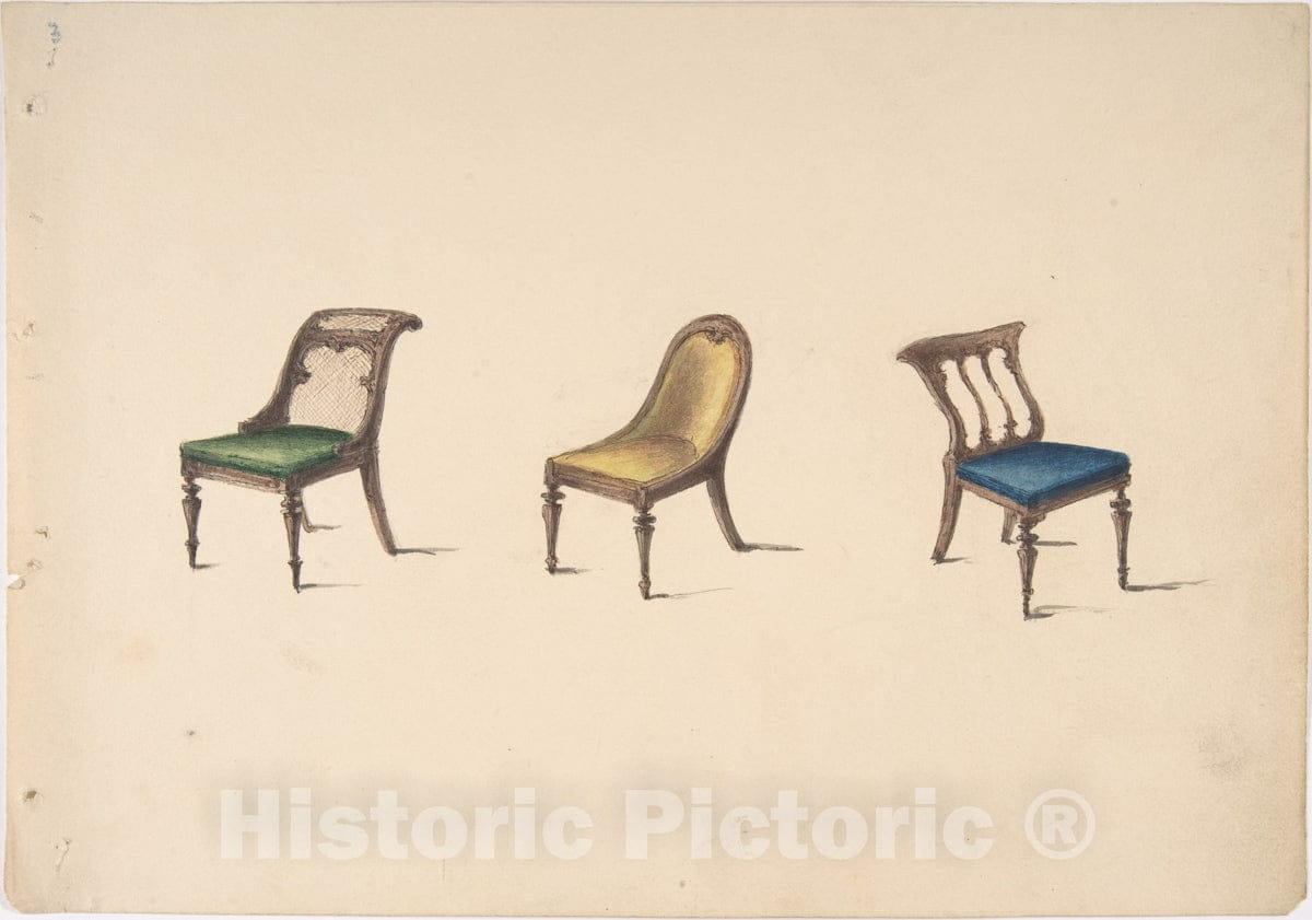 Art Print : British, 19th Century - Design for Three Chairs with Slanted Backs, Green, Yellow and Blue Upholstery : Vintage Wall Art