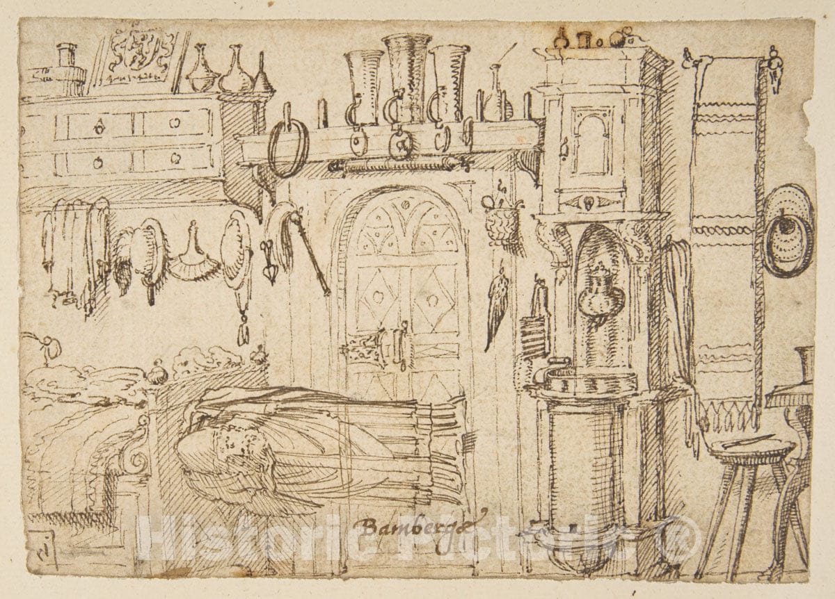 Art Print : German, 16th Century - Study Sheets with Sketches of interiors, Animals, Sculpture, Figures, Notes 1 : Vintage Wall Art