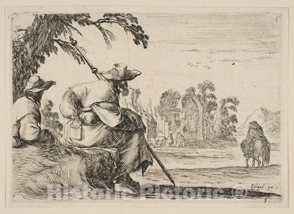Art Print : Plate 5: Two Pilgrims with Hats Rest to The Left - Artist: Stefano Della Bella - Created: 1642 3 : Vintage Wall Art