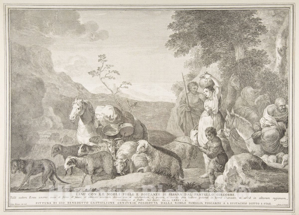 Art Print : Pietro Monaco - Esau con le mogli figli e sostanze si separa dal fratello giacobbe : Vintage Wall Art