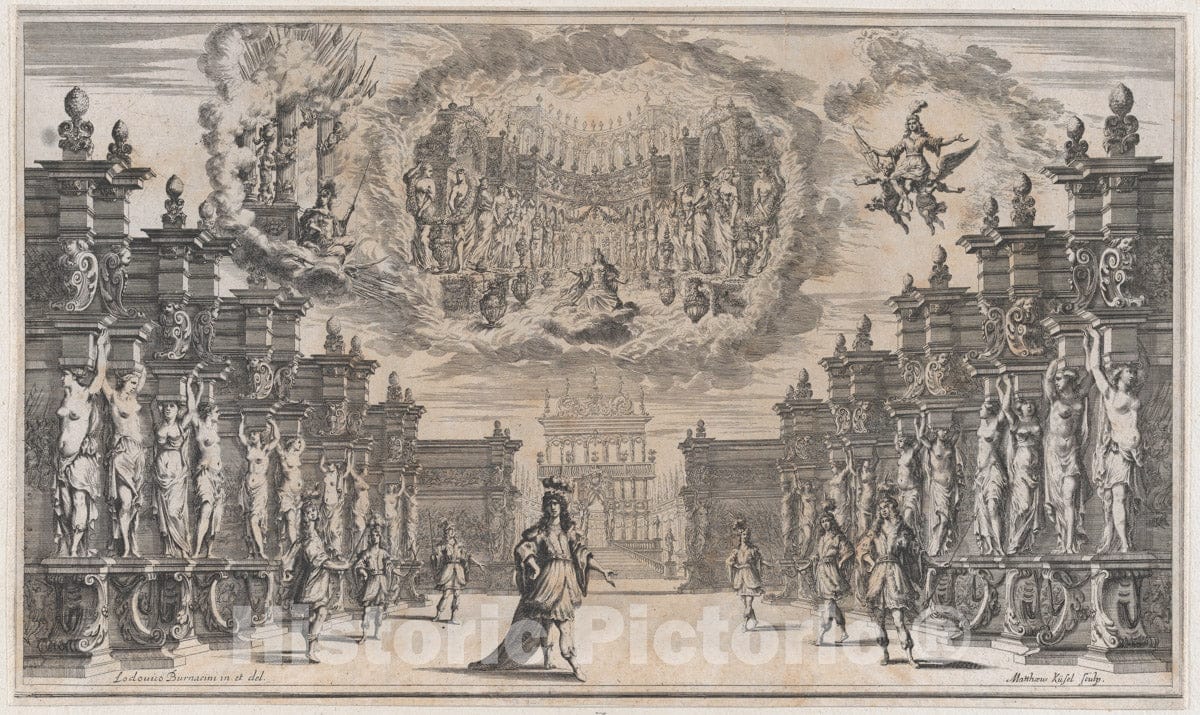 Art Print : Courtyard of a Palace with a Man Standing at Center Surrounded by Attendants - Artist: Ludovico Ottaviano Burnacini - Created: 1668 : Vintage Wall Art