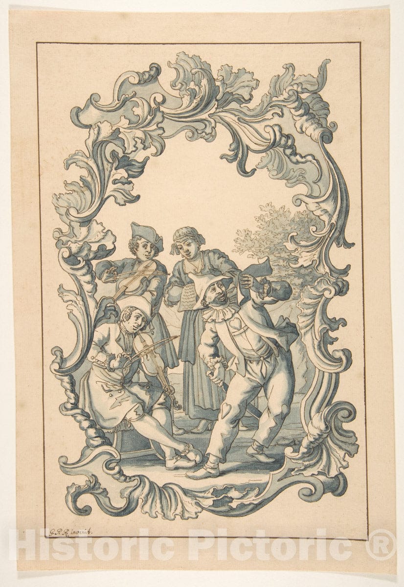 Art Print : Georg Philipp Rugendas II - Three Musicians and Harlequin in an Ornamental Frame : Vintage Wall Art