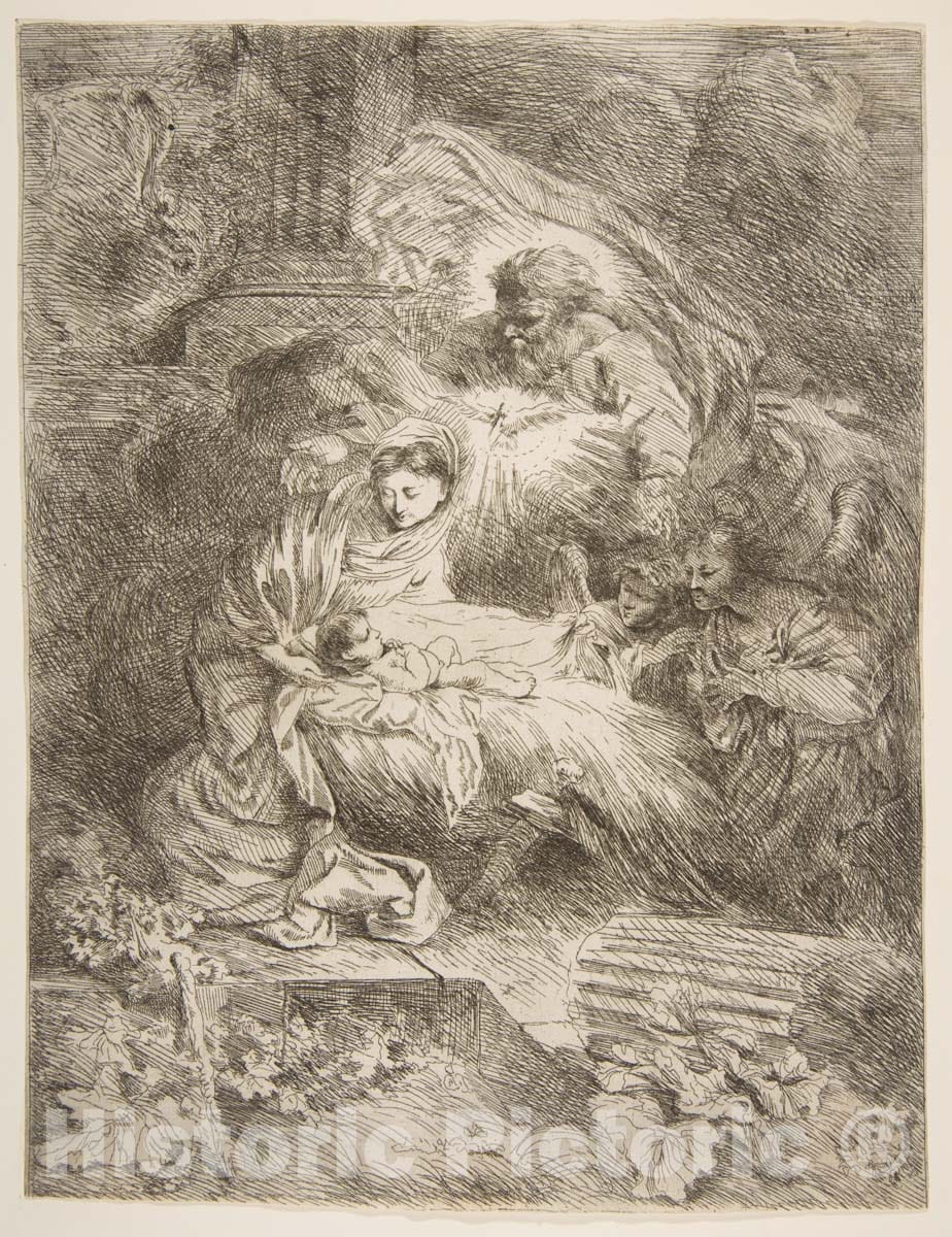 Art Print : Giovanni Benedetto Castiglione (Il Grechetto) - God The Father observing The Virgin and Child, Angels to The Right : Vintage Wall Art