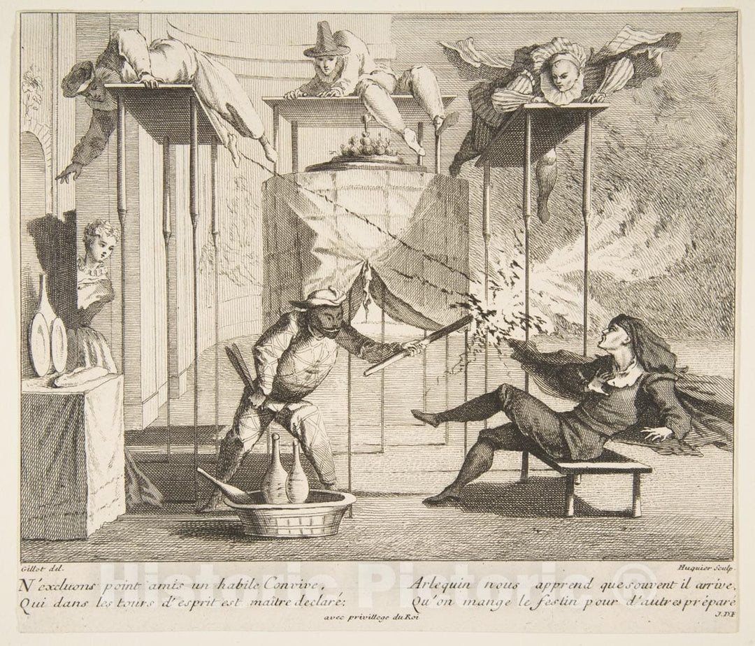 Art Print : Claude Gillot - Harlequin menaces Scaramouche with a Torch : Vintage Wall Art
