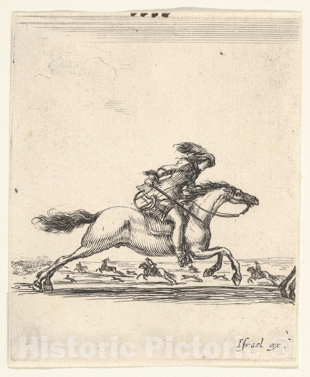 Art Print : A Horseman with Sword in Hand Galloping Towards The Right - Artist: Stefano Della Bella - Created: c1642 : Vintage Wall Art