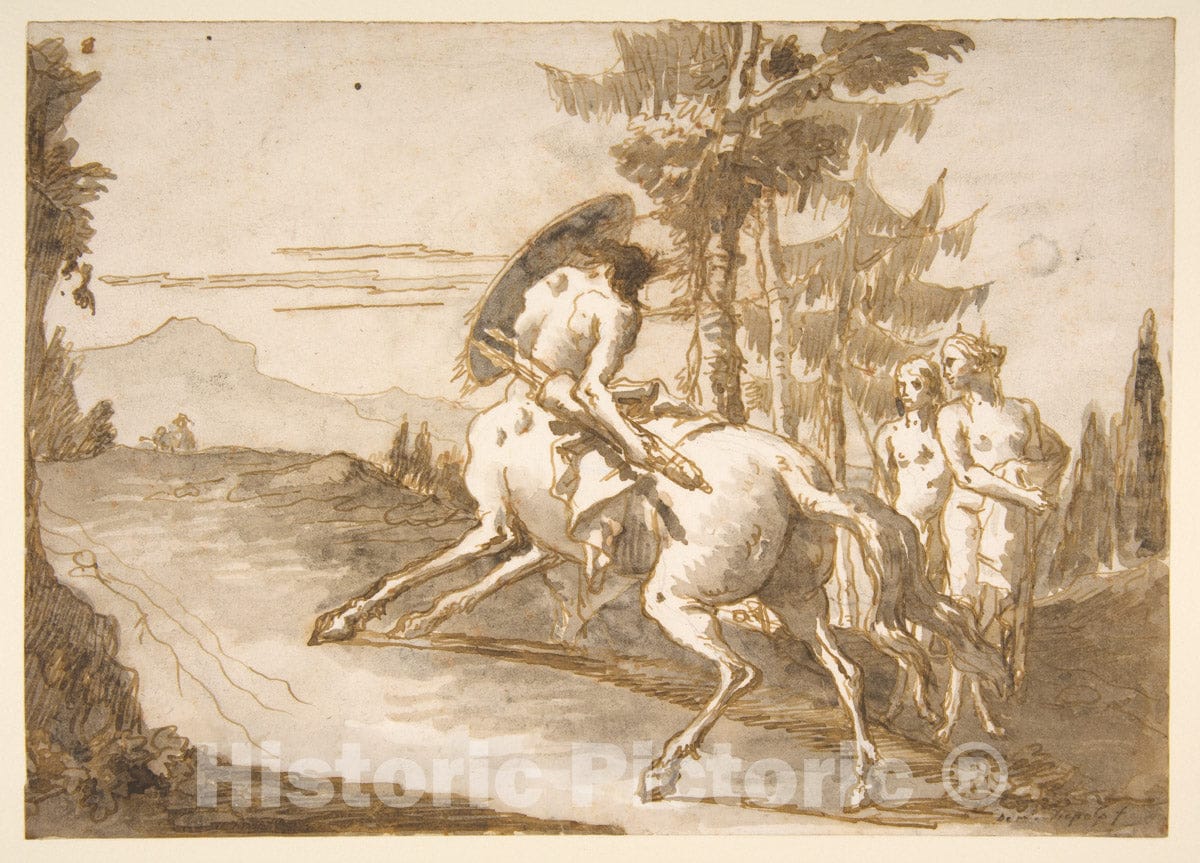 Art Print : Giovanni Domenico Tiepolo - Centaur with Shield and Two Satyresses : Vintage Wall Art