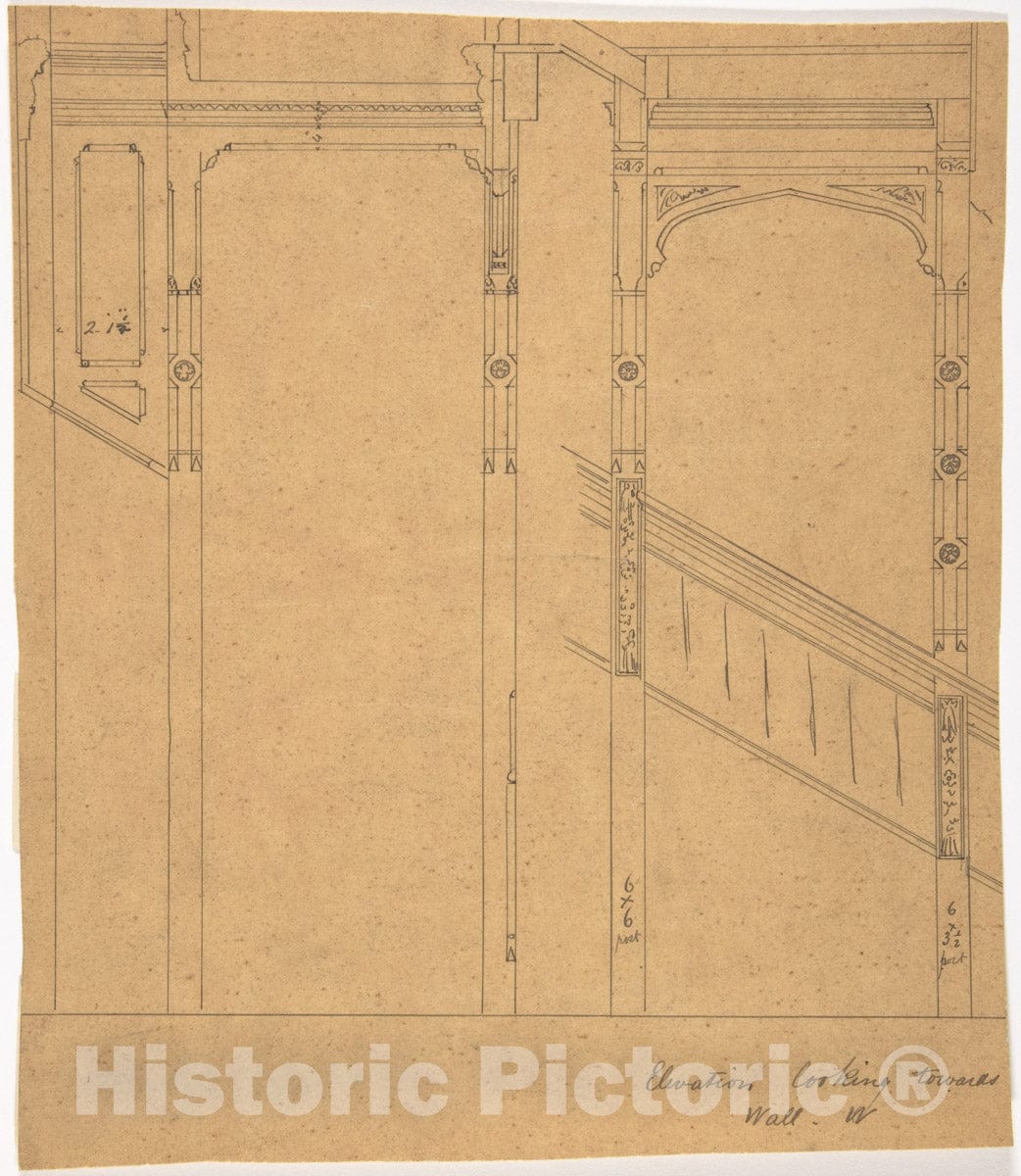 Art Print : British, 19th Century - Elevation of Staircase Wall : Vintage Wall Art