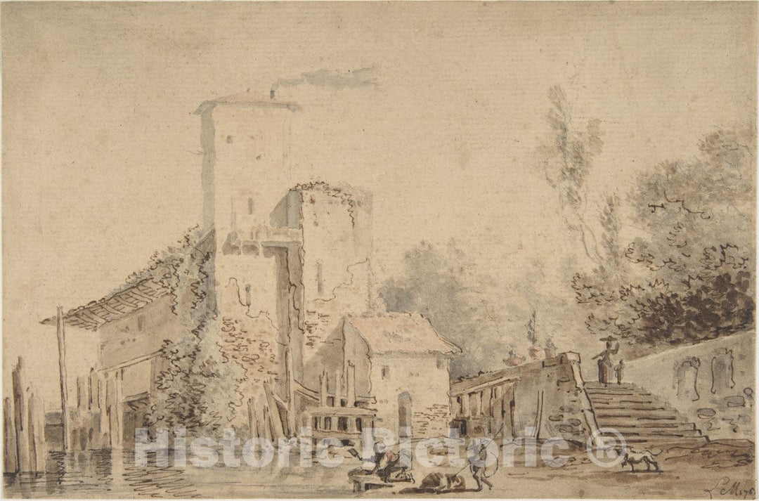 Art Print : Louis Gabriel Moreau - Farm House by a River with Figures : Vintage Wall Art