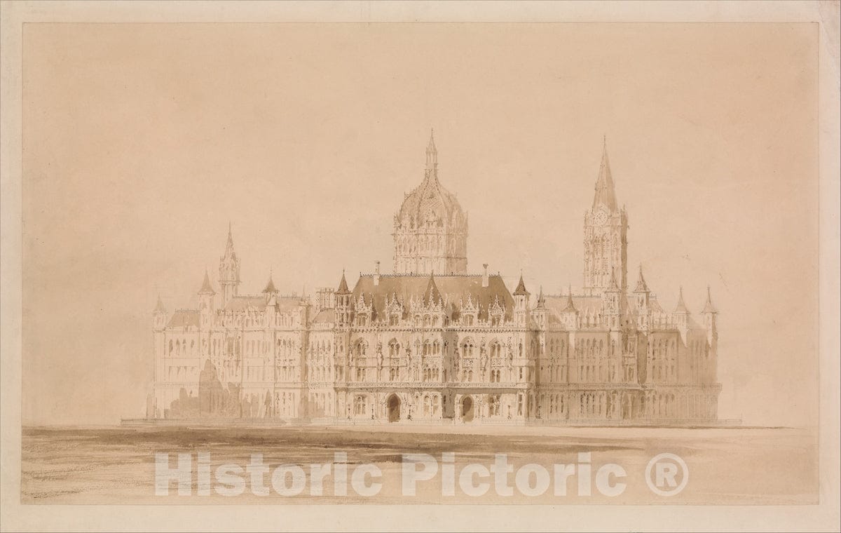 Art Print : Thomas Allom - Competition Drawing for The Manchester Town Hall : Vintage Wall Art