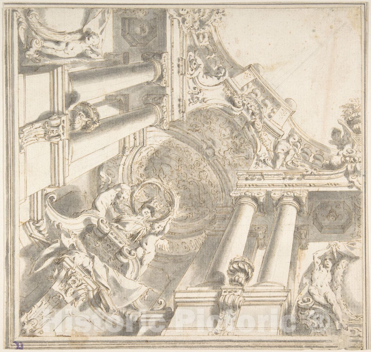 Art Print : Vittorio Maria Bigari - Design for a Quarter of a Trompe L'Oeil Ceiling with Architecture in The Ionic Order and a Statue of Victory : Vintage Wall Art