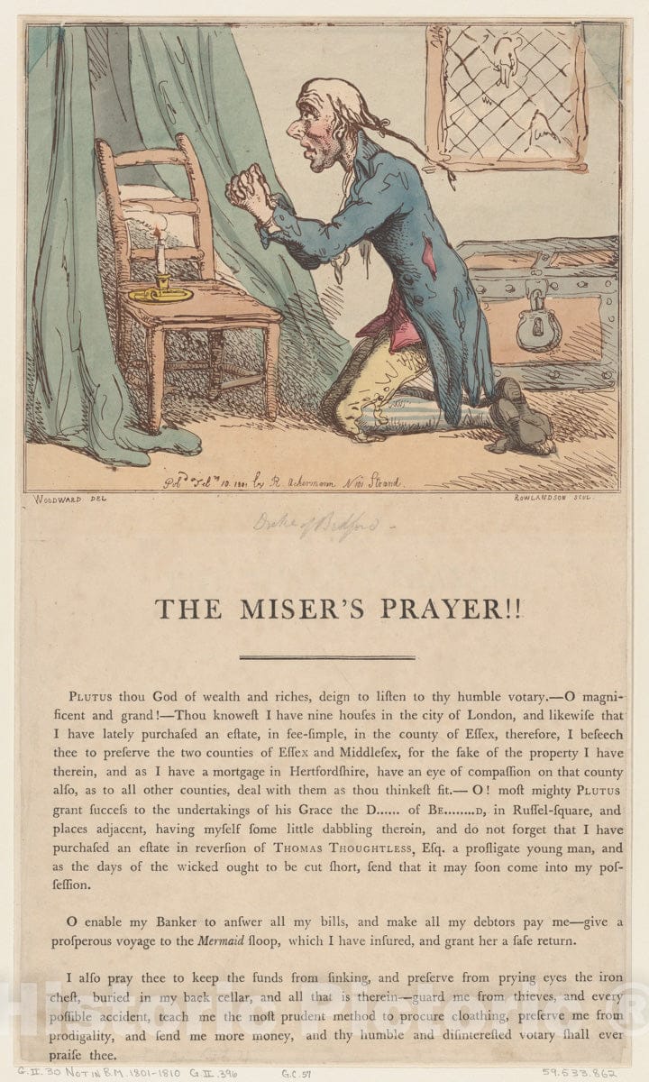 Art Print : Thomas Rowlandson - The Miser's Prayer 1 : Vintage Wall Art