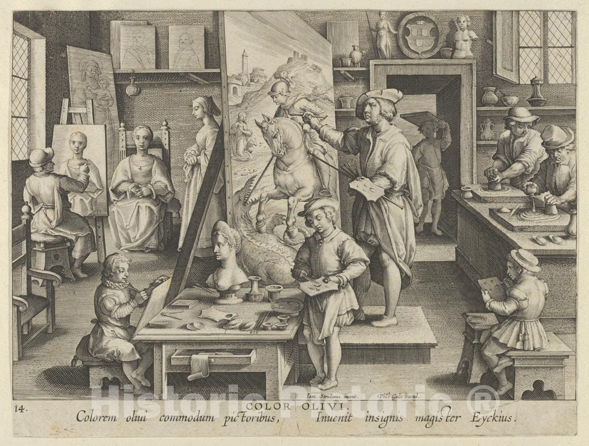 Art Print : Jan Collaert I - New Inventions of Modern Times Nova Reperta, The Invention of Oil Painting, Plate 14 : Vintage Wall Art