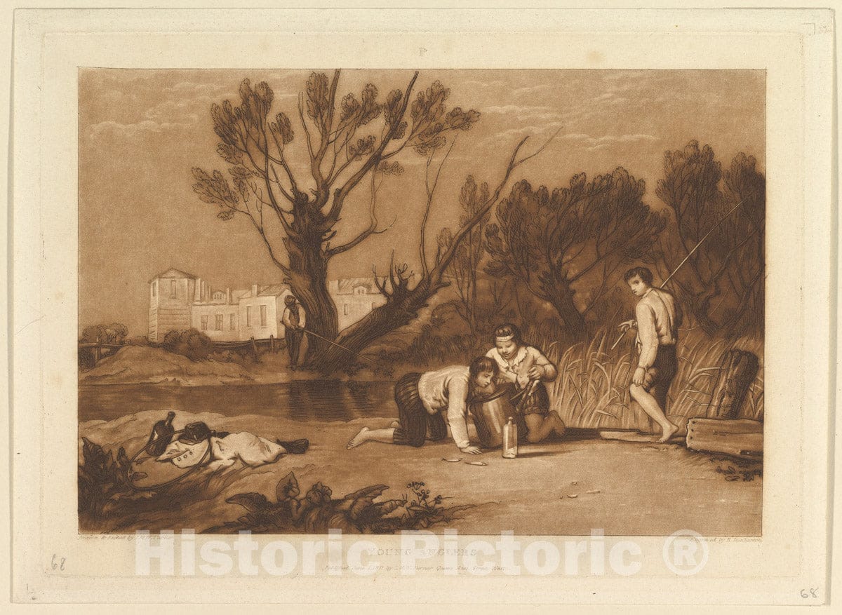 Art Print : Designed and Etched by Joseph Mallord William Turner - Young Anglers (Liber Studiorum, Part VII, Plate 32) : Vintage Wall Art