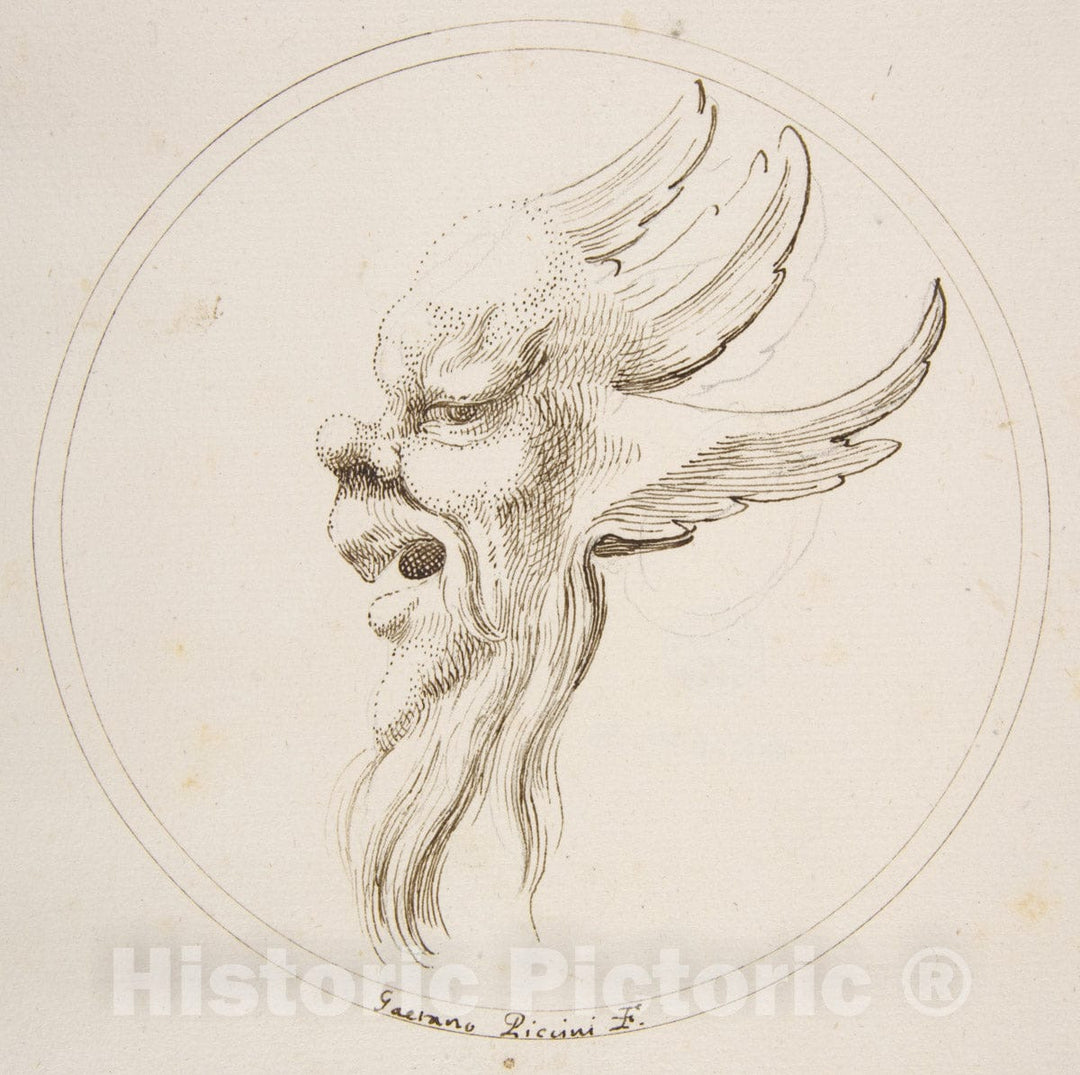 Art Print : Gaetano Piccini - Grotesque Winged and Bearded Head Looking to The Left Within a Circle : Vintage Wall Art