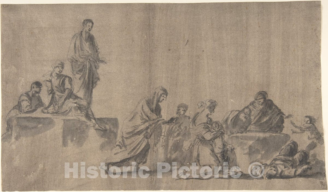 Art Print : German, 18th Century - Figures Surrounding a Man Lying on The Ground; Verso: A Group of Figures : Vintage Wall Art