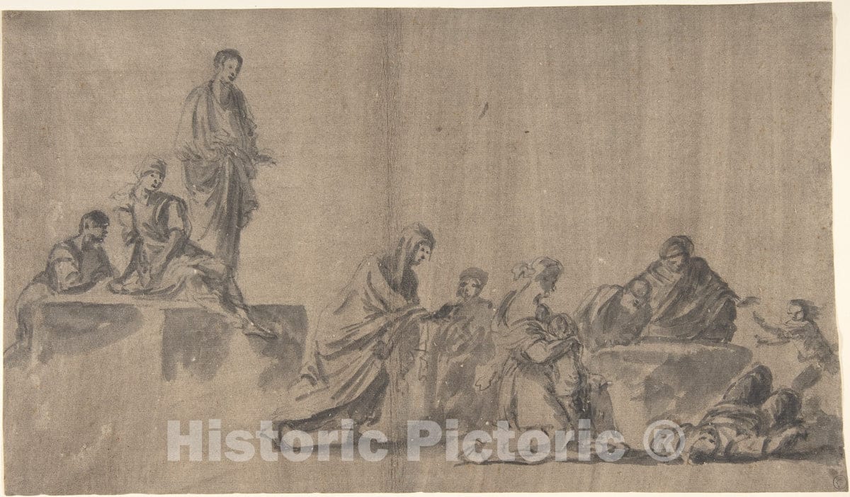 Art Print : German, 18th Century - Figures Surrounding a Man Lying on The Ground; Verso: A Group of Figures : Vintage Wall Art