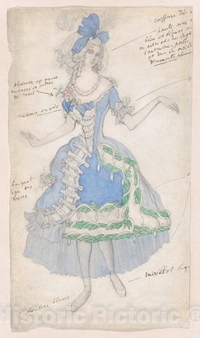 Art Print : Costume Design for a Female Courtier - Artist: Leon Bakst - Created: c1921 : Vintage Wall Art