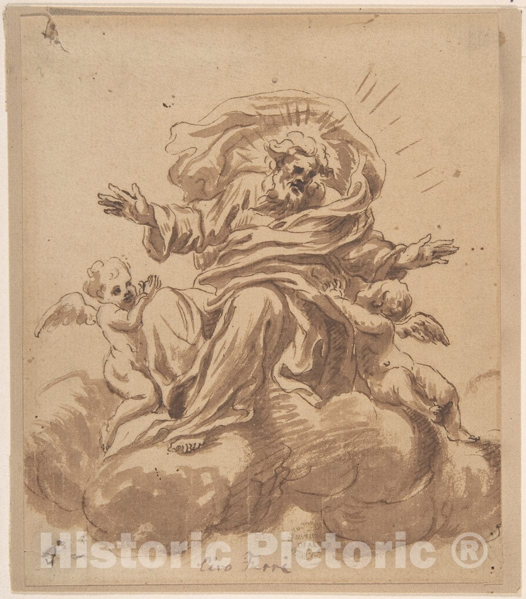 Art Print : Italian, Roman-Bolognese, 17th Century - God The Father Seated on a Cloud, Flanked by Two Putti : Vintage Wall Art