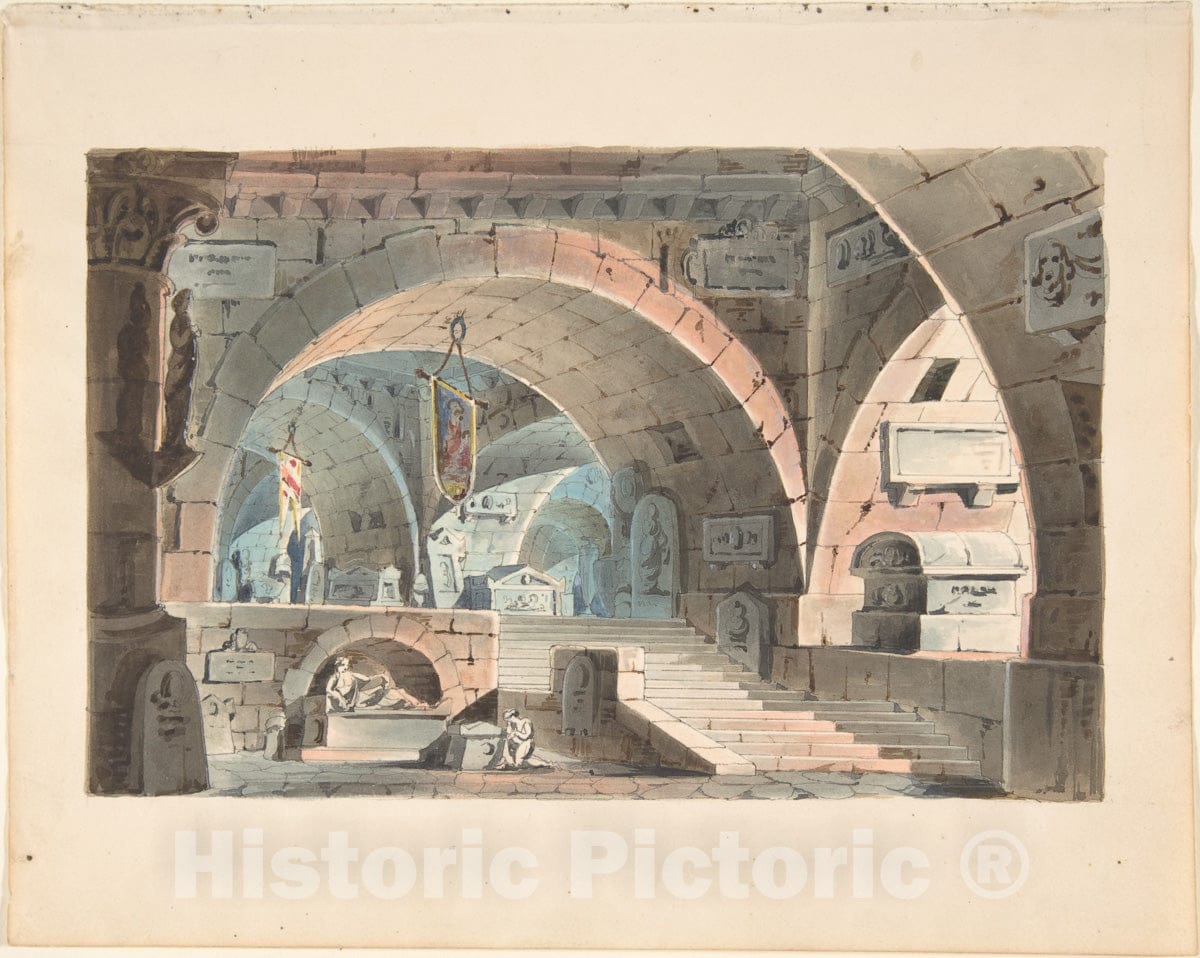 Art Print : Italian, 19th Century - Crypt with a Kneeling Mourner : Vintage Wall Art