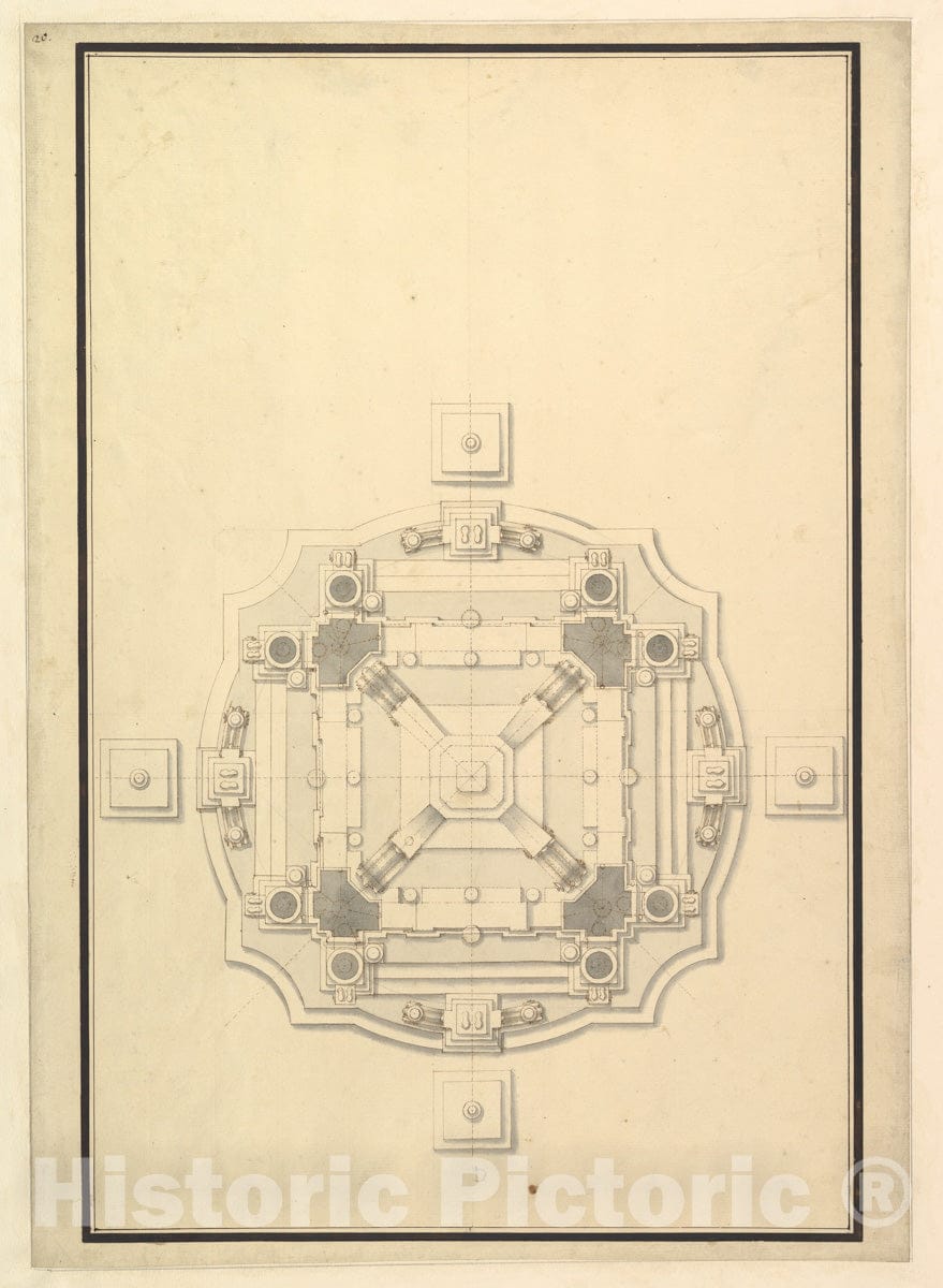 Art Print : Workshop of Giuseppe Galli Bibiena - Ground Plan for a Catafalque : Vintage Wall Art