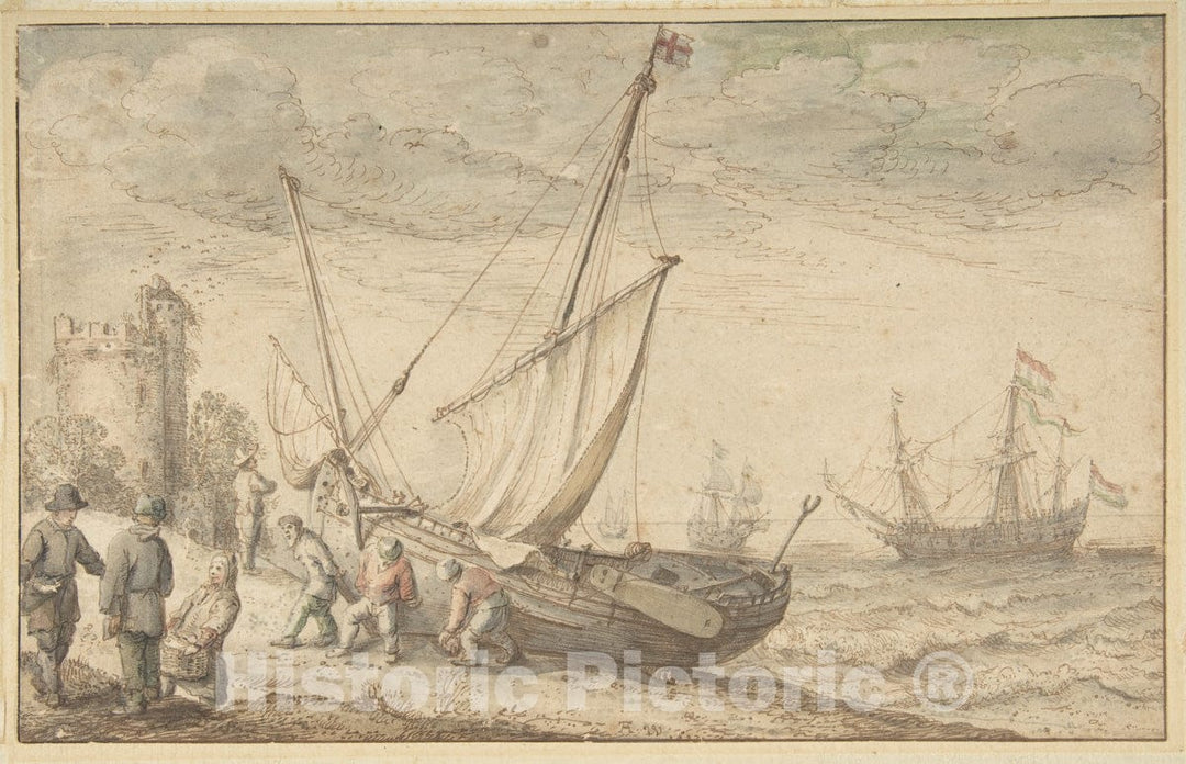 Art Print : Adam Willaerts - Fisherfolk Hauling Their Boat onto The Shore : Vintage Wall Art