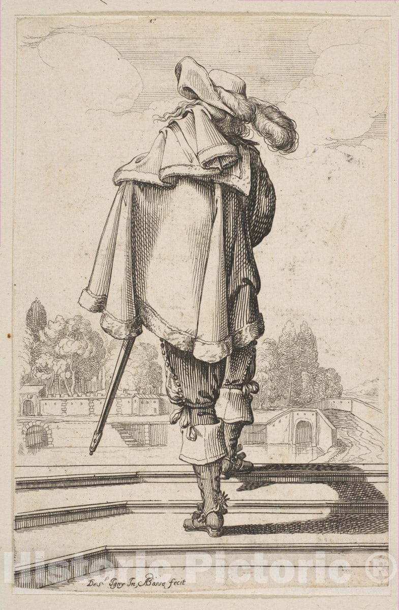 Art Print : Abraham Bosse - Gentleman in a Cape and Plumed Hat Seen from The Back : Vintage Wall Art