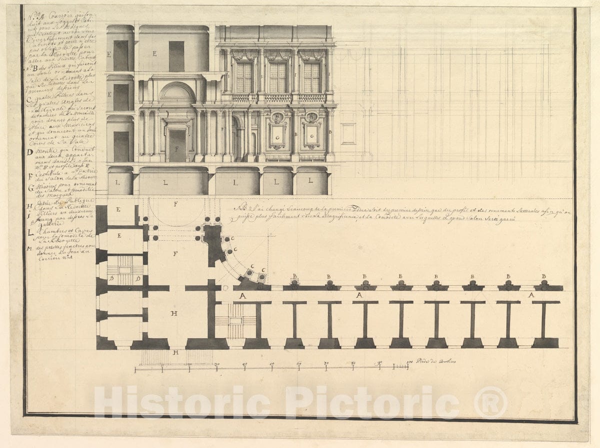 Art Print : Workshop of Giuseppe Galli Bibiena - Half Longitudinal Section and Half Plan : Vintage Wall Art