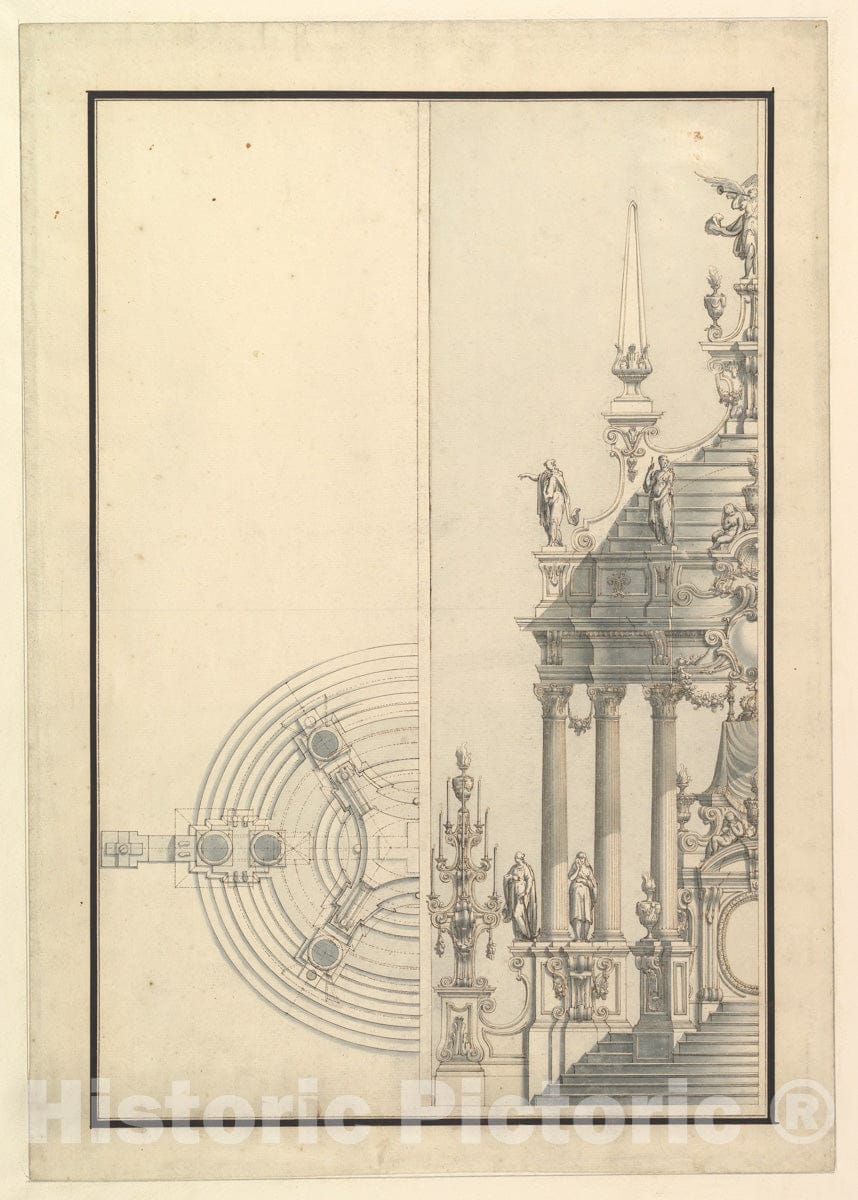 Art Print : Half Elevation and Half Ground Plan for a Catafalque - Artist: Giuseppe Galli Bibiena - Created: 1696–1756 : Vintage Wall Art
